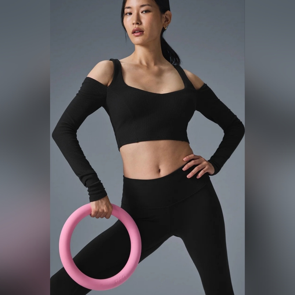 ALO Yoga Black Ribbed Crop Butterfly Top Size L BNWT SOLD OUT Ballet Long Sleeve